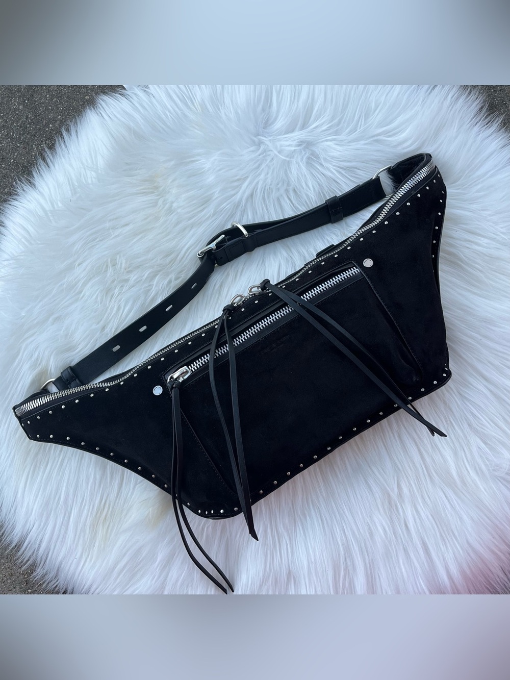 RAG & BONE Black Leather Suede Studded Rivet Belt Bag Fanny Pack Clutch